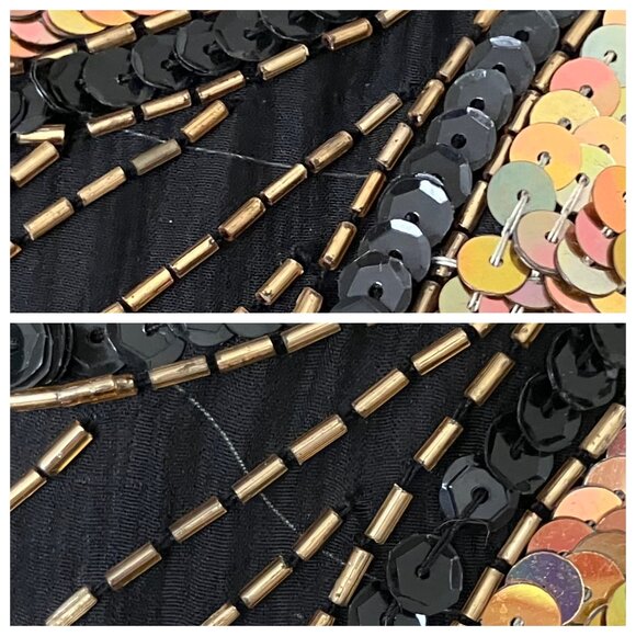 Vintage 80s 100% Silk Beaded Sequin Black Gold Cocktail Dress M/L Deco Flapper - Picture 14 of 15